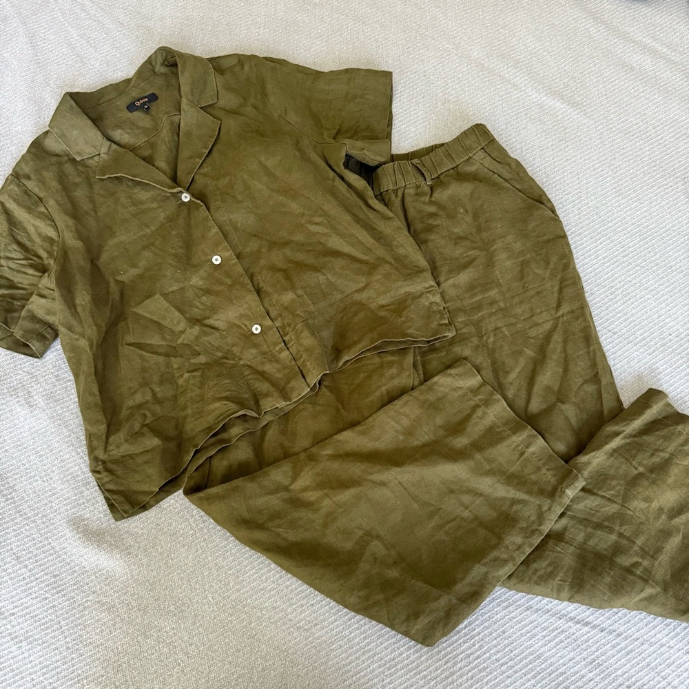 Quince SET 100% European Linen Short Sleeve Button Down Pants MEDIUM Pockets